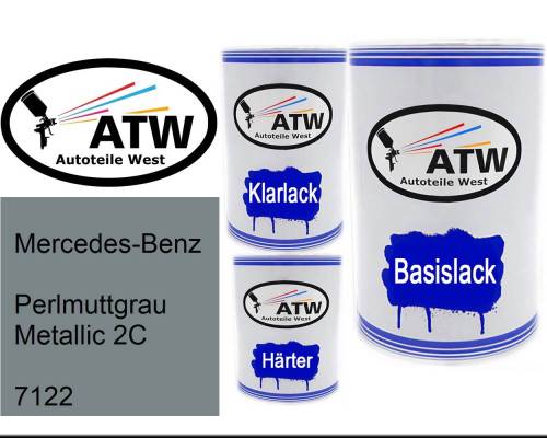 Mercedes-Benz, Perlmuttgrau Metallic 2C, 7122: 500ml Lackdose + 500ml Klarlack + 250ml Härter - Set, von ATW Autoteile West.